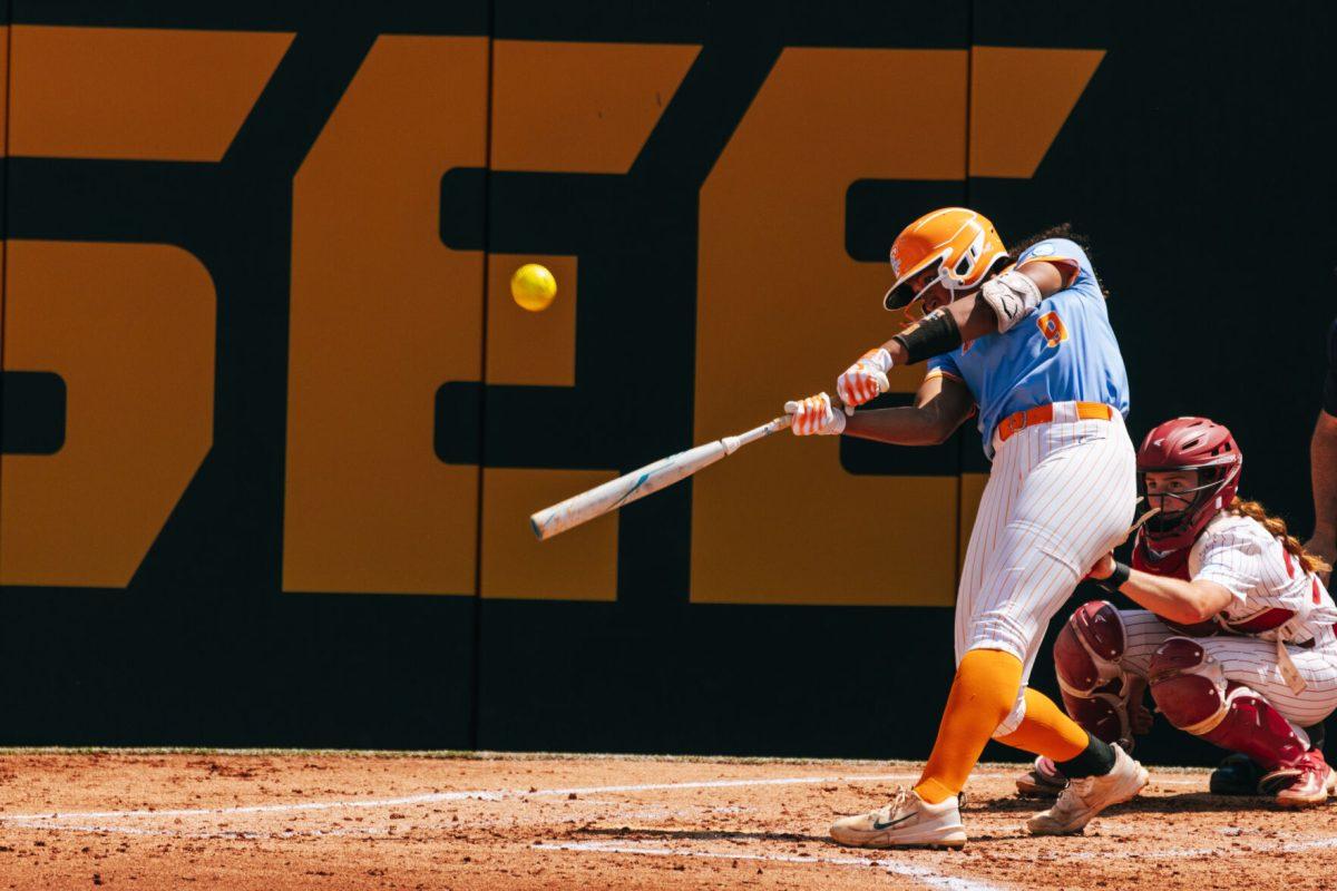 Kiki Miloy (9) swings during a game against Alabama at Sherri Parker Lee Stadium. Saturday, May 25, 2024.