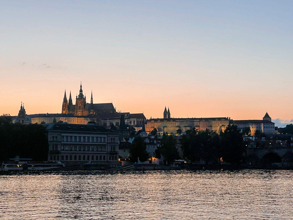 The Prague Castle shines at dusk in Prague, Czech Republic. June 17, 2023.