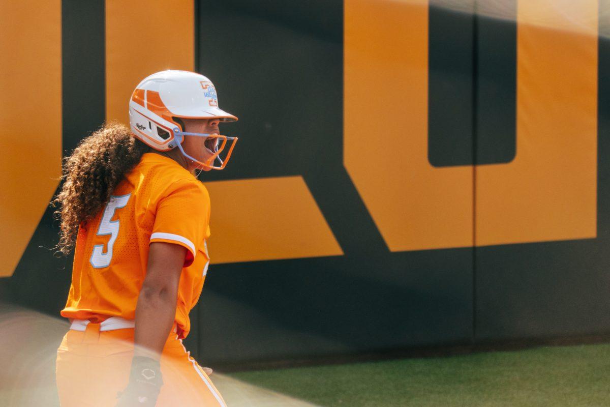 Rylie West (5) celebrates during a game against Alabama at Sherri Parker Lee Stadium. Friday, May 24, 2024.
