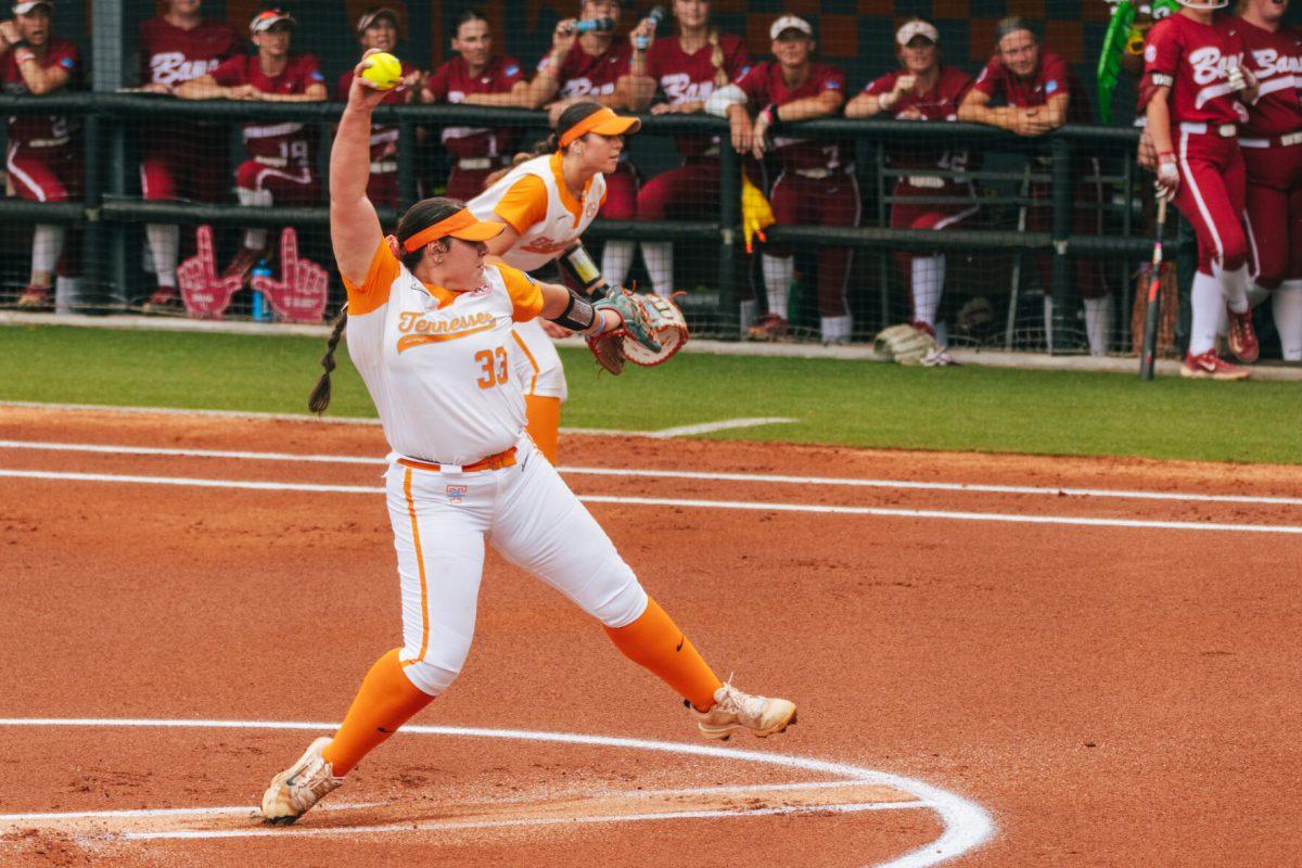 Payton Gottshall (33) pitches during the Knoxville Super Regional against Alabama at Sherri Parker Lee Stadium. Sunday, May 26, 2024.