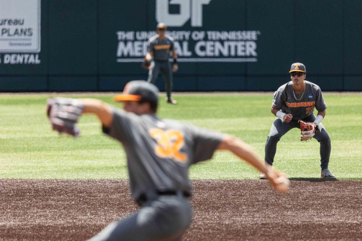 Dean Curley (23) watches the batter during game against Evansville at Lindsey Nelson Stadium. Saturday, June 8, 2024.