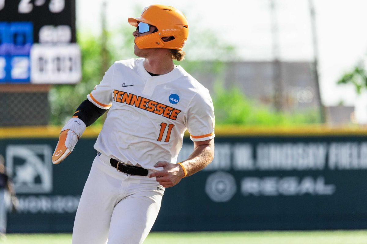 Billy Amick (11) watches Hunter Ensley's (9) home run leave the park during game against Evansville at Lindsey Nelson Stadium. Friday, June 7, 2024.