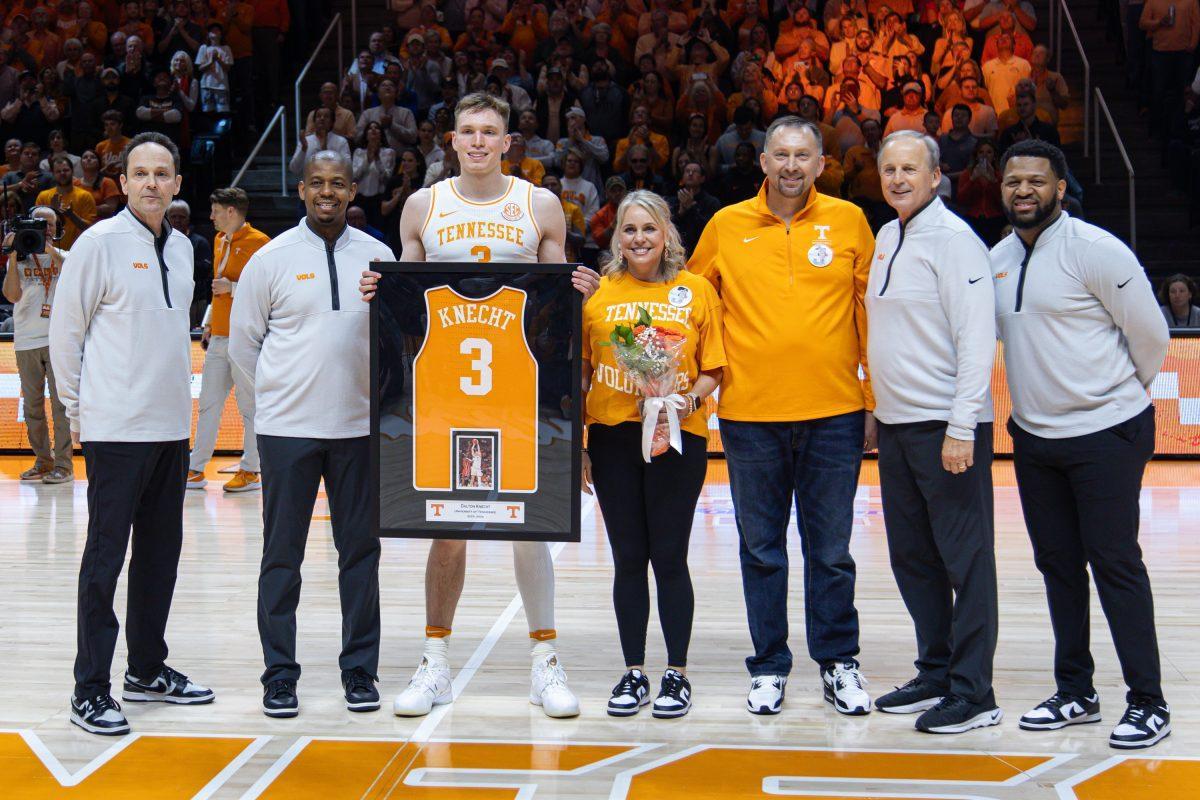 Dalton Knecht (3) is recognized on senior day prior to a game against Kentucky at Food City Center. Saturday, March 9, 2024.