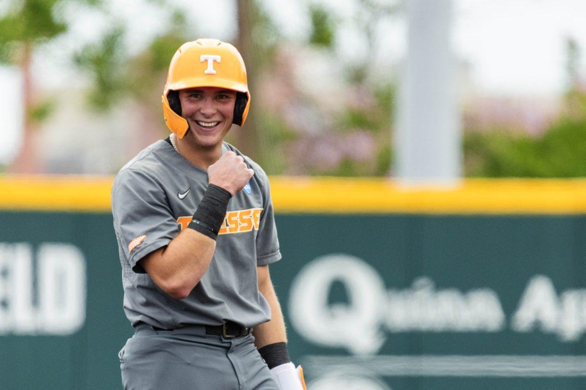 Dylan Dreiling (8) smiles during game against Evansville at Lindsey Nelson Stadium. Saturday, June 8, 2024.