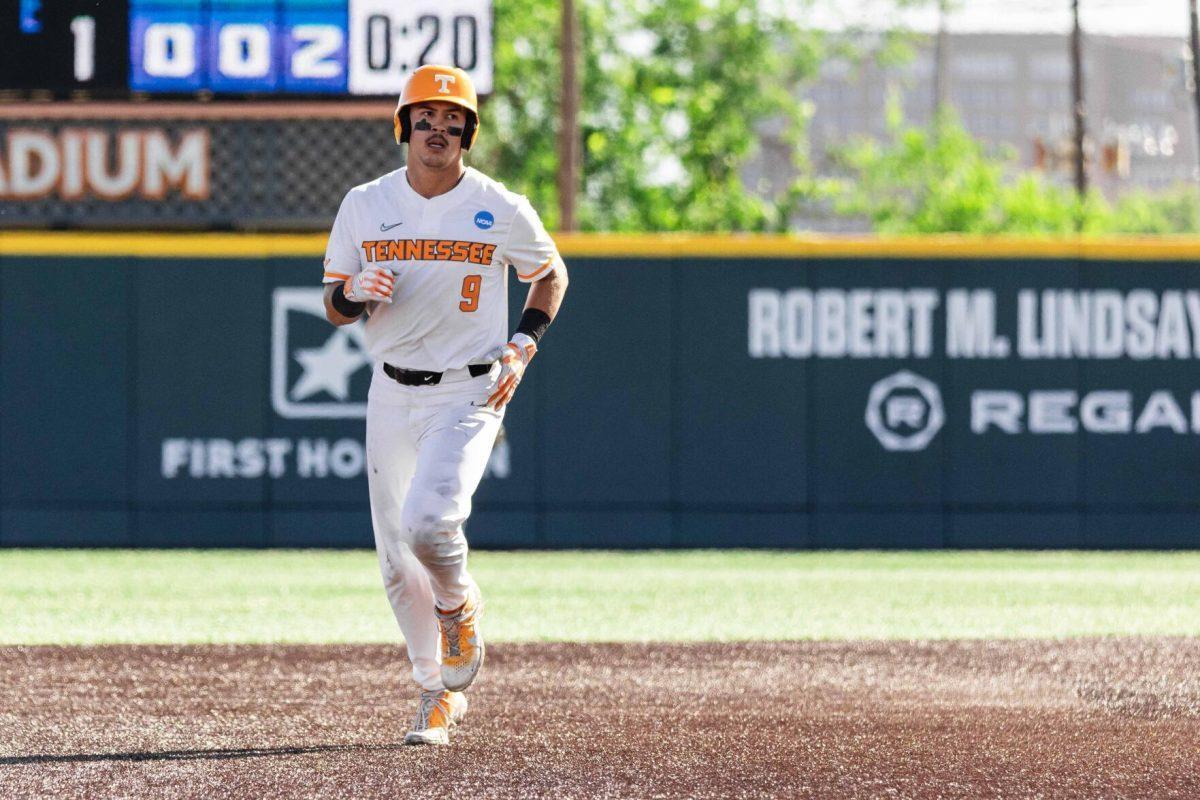 Hunter Ensley (9) rounds the bases after home run during game against Evansville at Lindsey Nelson Stadium. Friday, June 7, 2024.