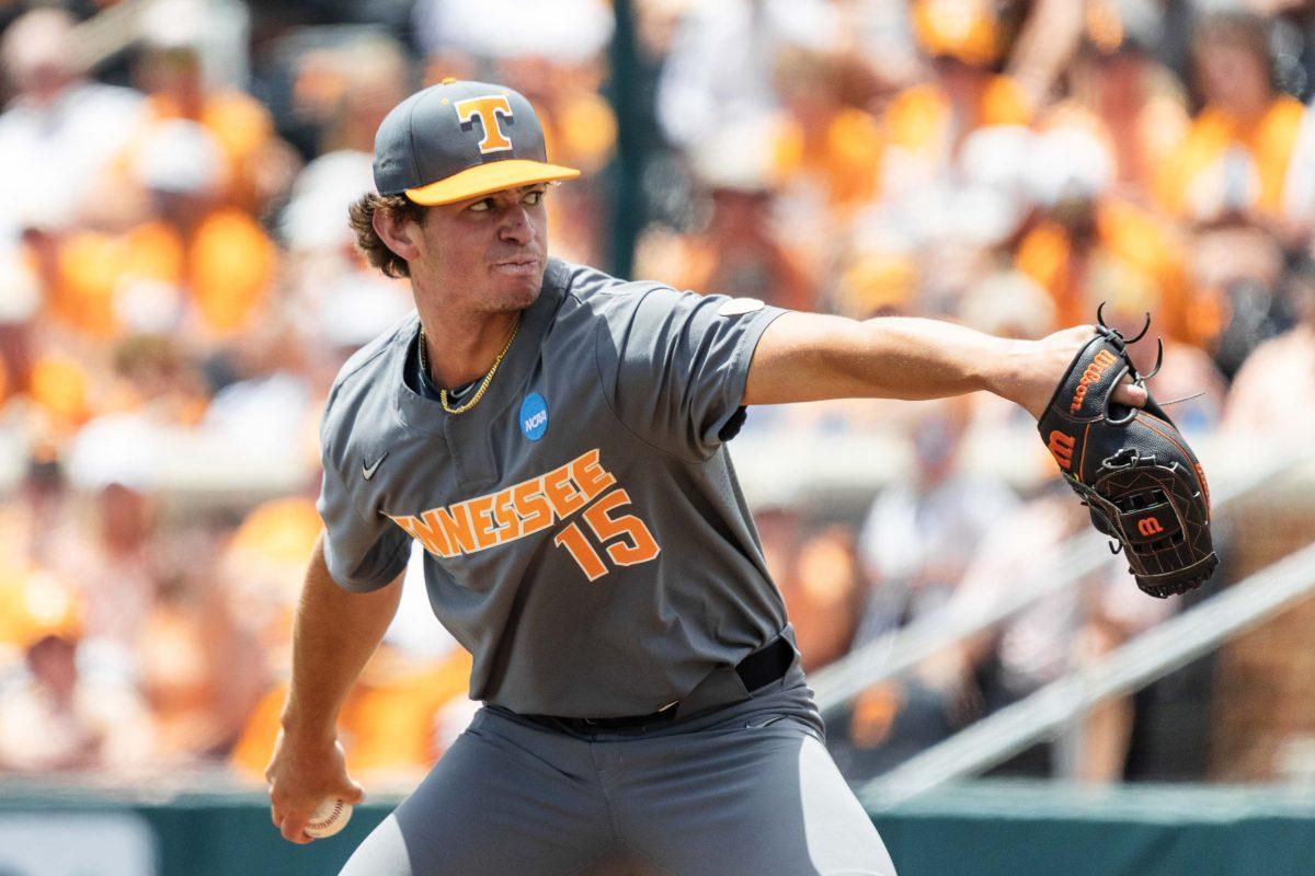 JJ Garcia (15) throws a pitch during game against Evansville at Lindsey Nelson Stadium. Saturday, June 8, 2024.