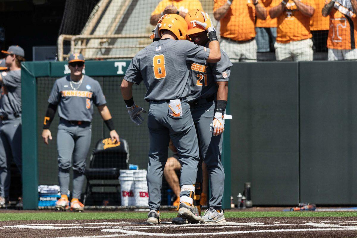 Dylan Dreiling (8) and Kavares Tears (21) during game against Evansville at Lindsey Nelson Stadium. Saturday, June 8, 2024.