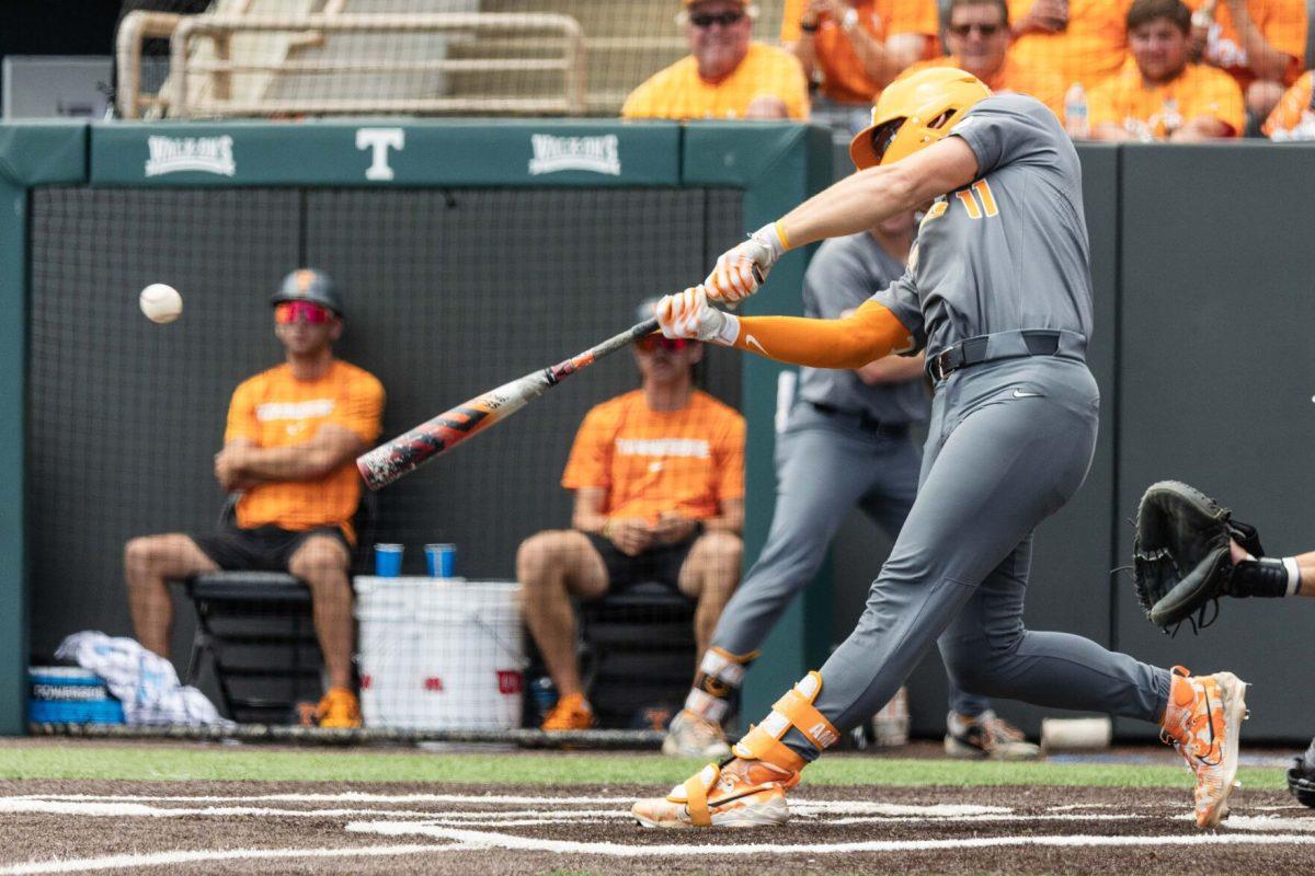Billy Amick (11) gets on base in the ninth inning during game against Evansville at Lindsey Nelson Stadium. Saturday, June 8, 2024.