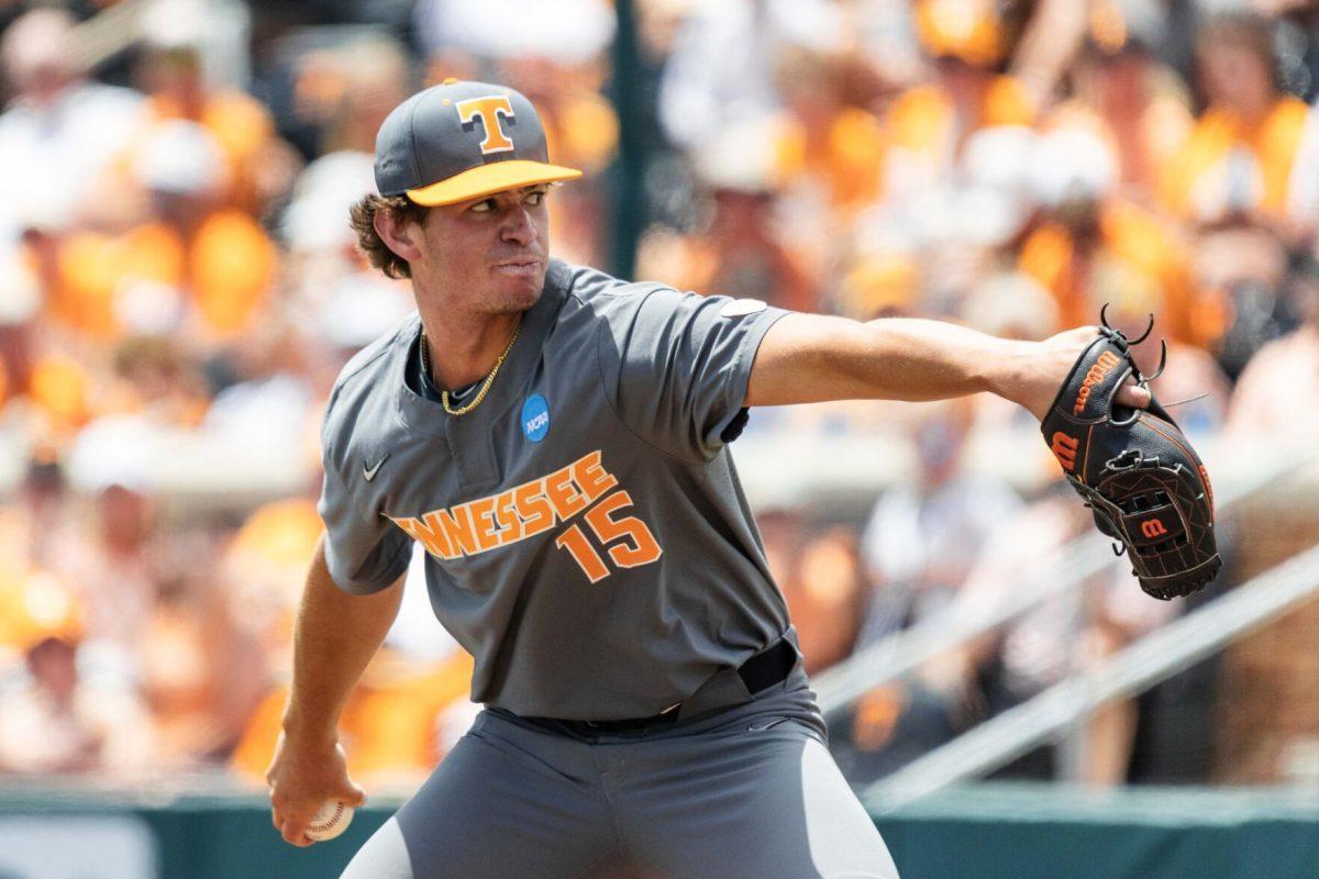 JJ Garcia (15) throws a pitch during game against Evansville at Lindsey Nelson Stadium. Saturday, June 8, 2024.
