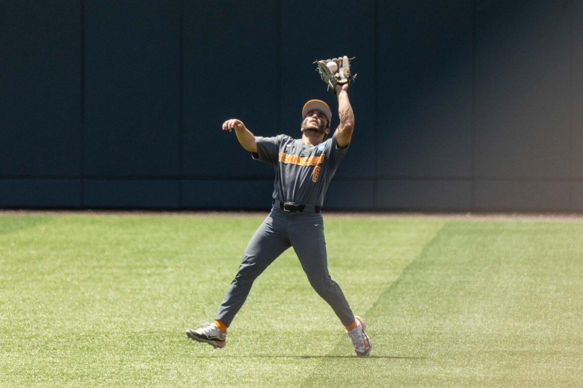 Bradke Lohry (6) fields a ball for the out during game against Evansville at Lindsey Nelson Stadium. Saturday, June 8, 2024.