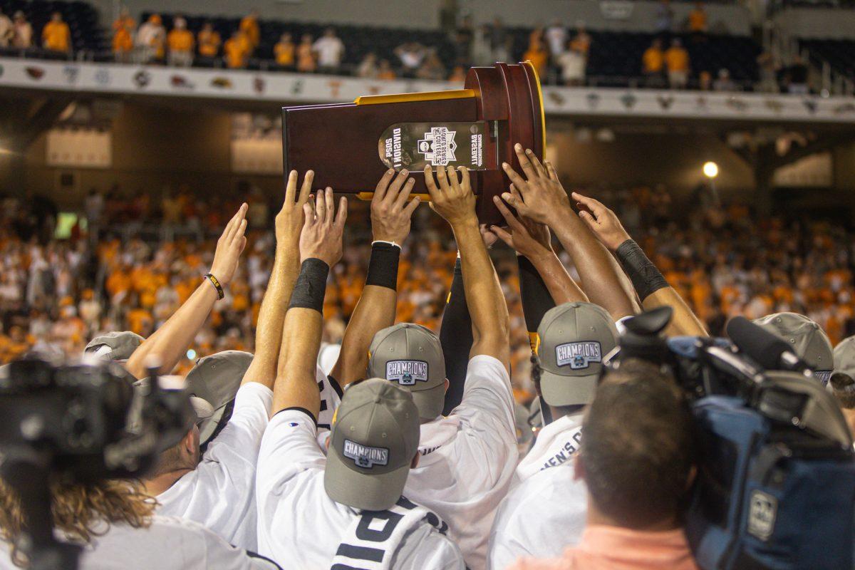 Tennessee celebrates after winning the College World Series title over Texas A&amp;M at Charles Schwab Field. Monday, June 24, 2024.