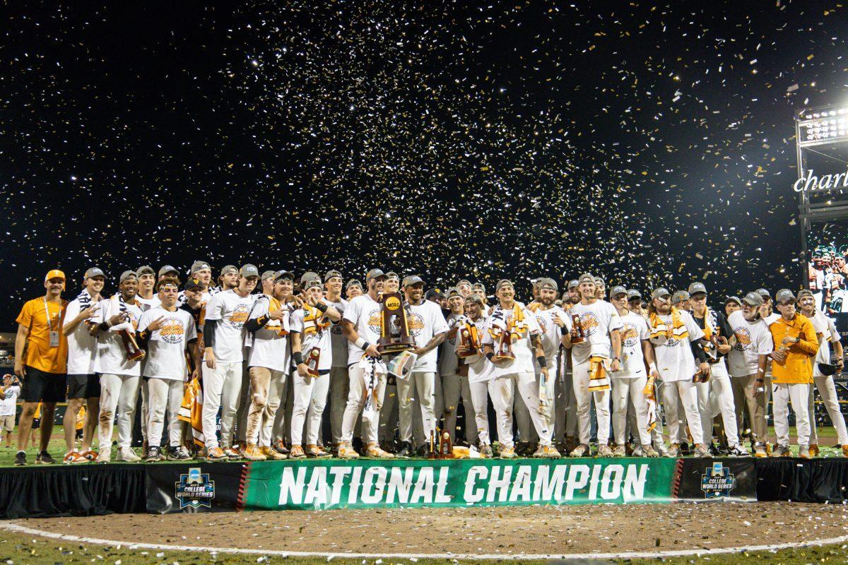 Tennessee celebrates after winning the College World Series title over Texas A&amp;M at Charles Schwab Field. Monday, June 24, 2024.