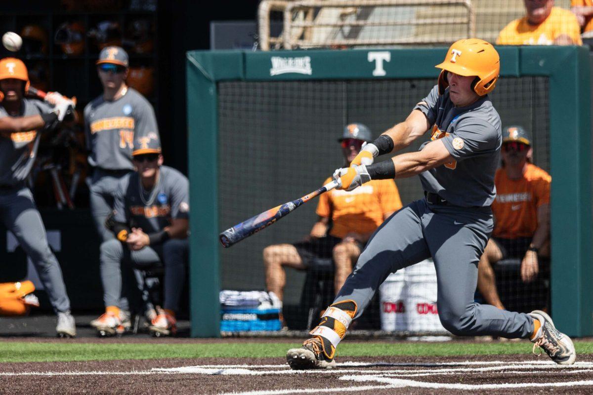 Dylan Dreiling (8) hits the Vols' second home run during game against Evansville at Lindsey Nelson Stadium. Saturday, June 8, 2024.