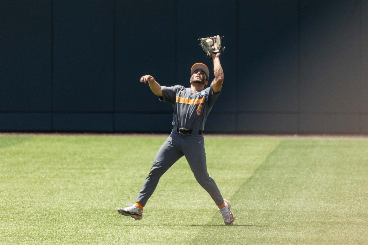 Bradke Lohry (6) fields a ball for the out during game against Evansville at Lindsey Nelson Stadium. Saturday, June 8, 2024.