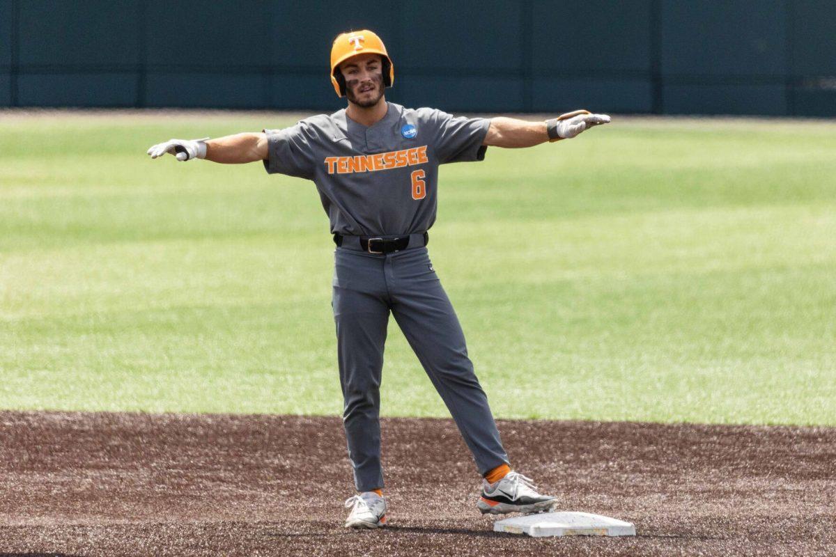 Bradke Lohry (6) celebrates a double during game against Evansville at Lindsey Nelson Stadium. Saturday, June 8, 2024.