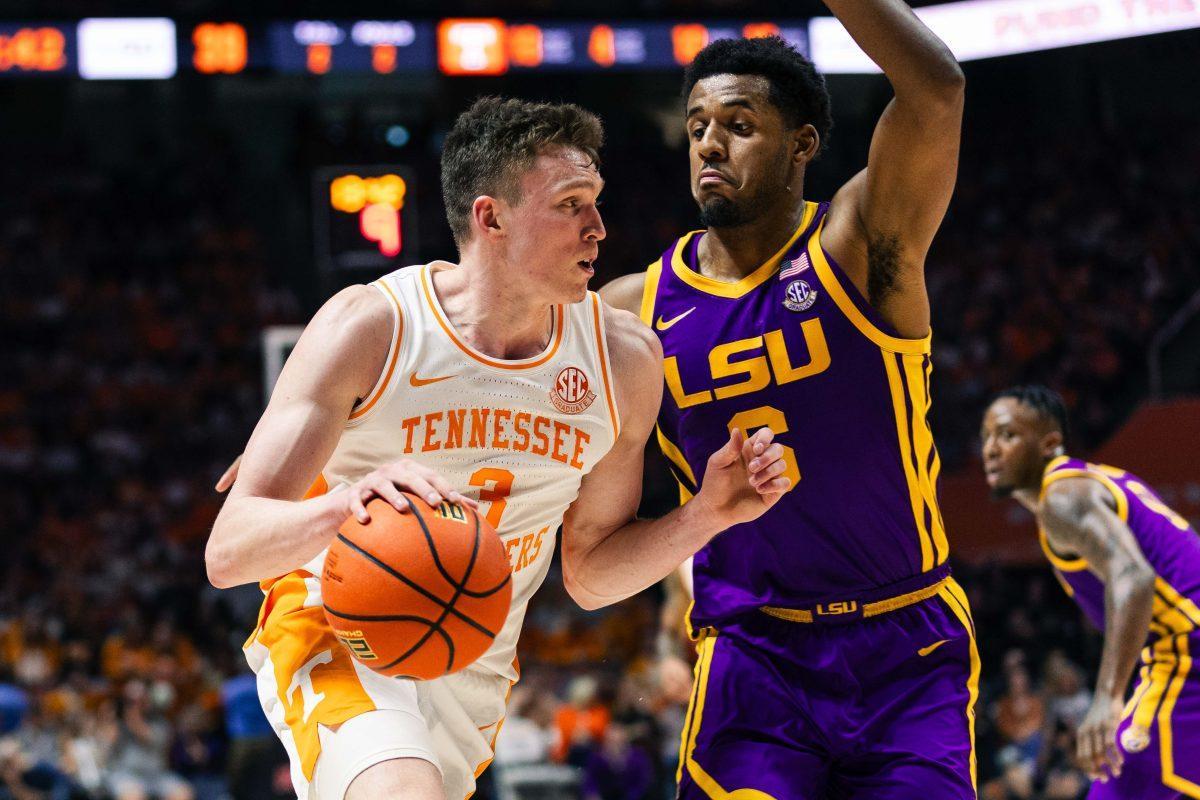 Dalton Knecht (3) ends the game with 27 points against LSU in the Food City Center. Wednesday, Feb 7, 2024. 