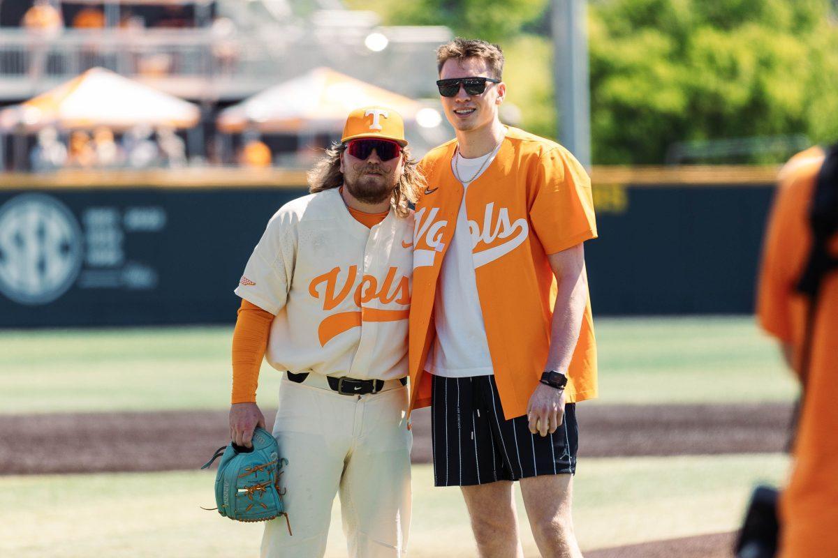 Kirby Connell (35) and Dalton Knecht pose for photo before a game against LSU at Lindsey Nelson Stadium. Sunday, April 14, 2024.