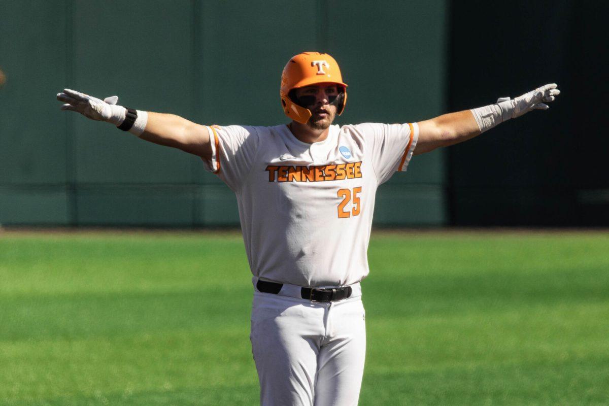 Blake Burke (25) celebrates a double during game against Evansville at Lindsey Nelson Stadium. Friday, June 7, 2024.