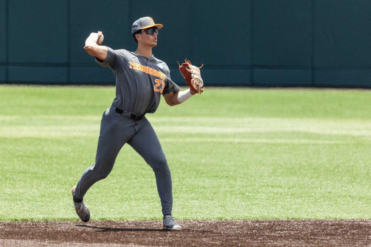 Dean Curley (23) throws to first during game against Evansville at Lindsey Nelson Stadium. Saturday, June 8, 2024.