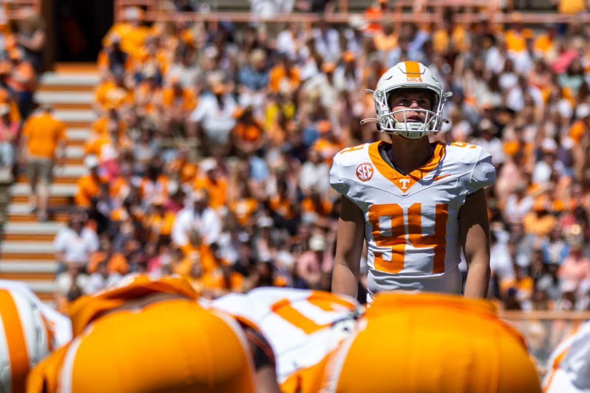 Josh Turbyville (94) prepares to kick a field goal during the Orange and White Game at Neyland Stadium. Saturday, April 13, 2024.