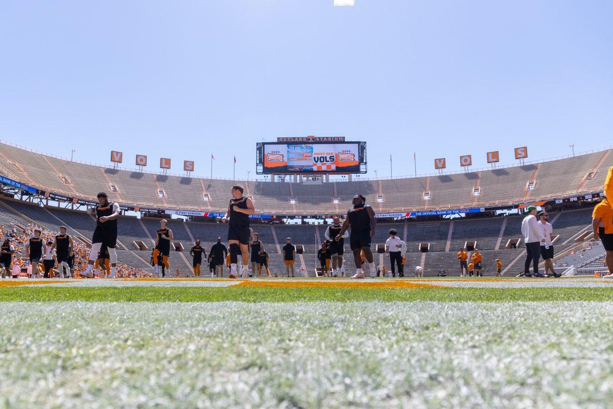 Vols warm up before the Orange and White Game at Neyland Stadium. Saturday, April 13, 2024.