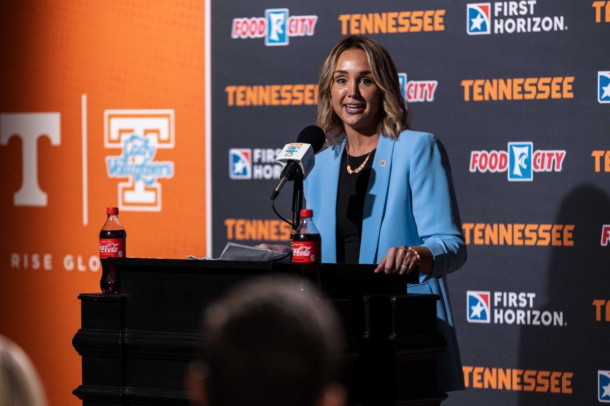 Kim Caldwell is introduced as new head coach of the Lady Vols at Ray and Lucy Hand North Digital Studio. Tuesday, April 9, 2024.