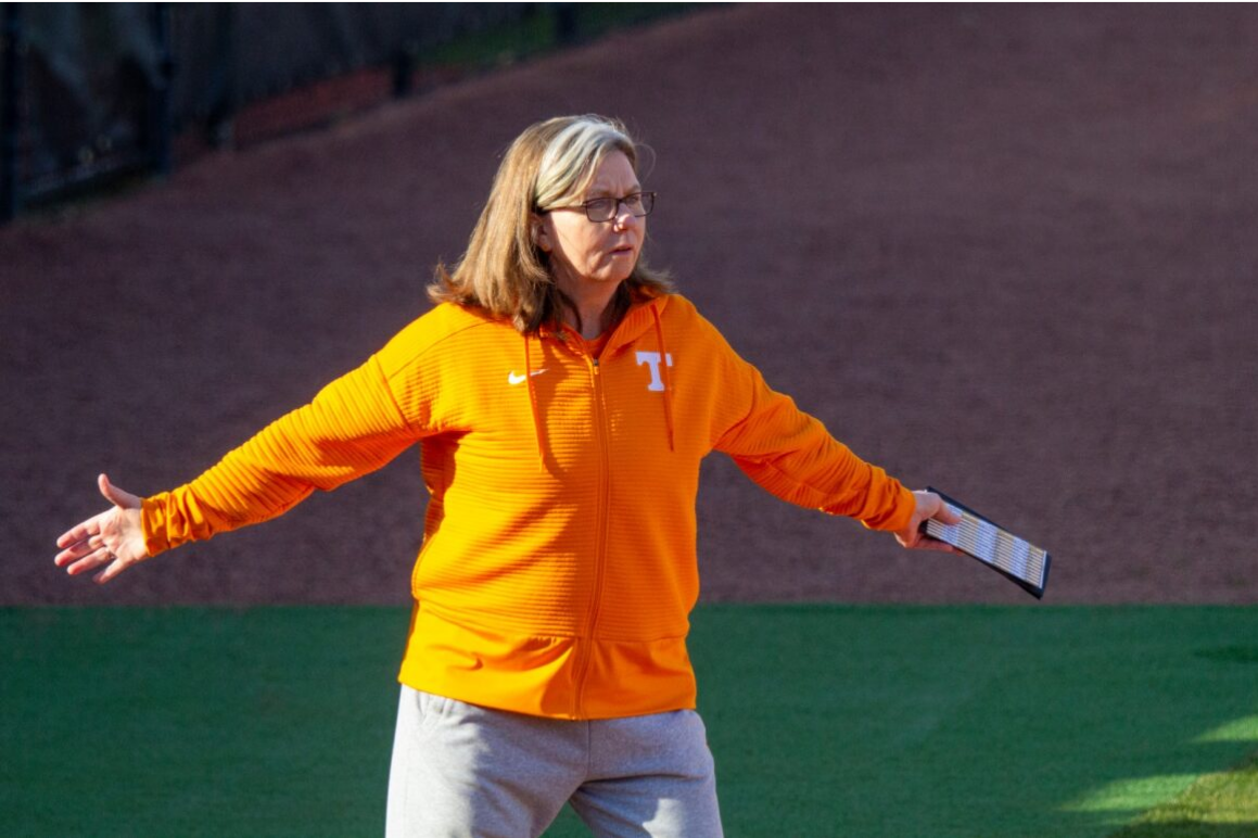 Head coach Karen Weekly directs her team during practice at Sherri Parker Lee Stadium. Wednesday, Feb. 21, 2024.