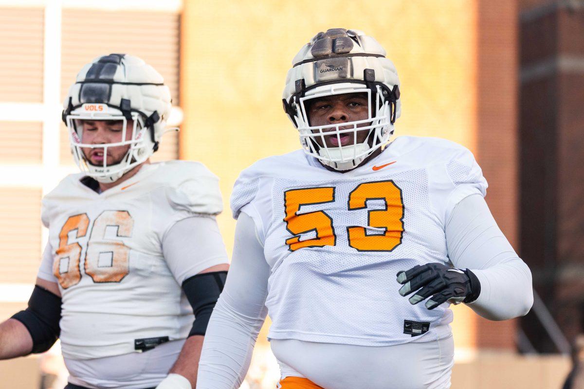 Lance Heard (53) and Dayne Davis (66) during spring practice at Haslam Field. Thursday, Mar. 21, 2024.