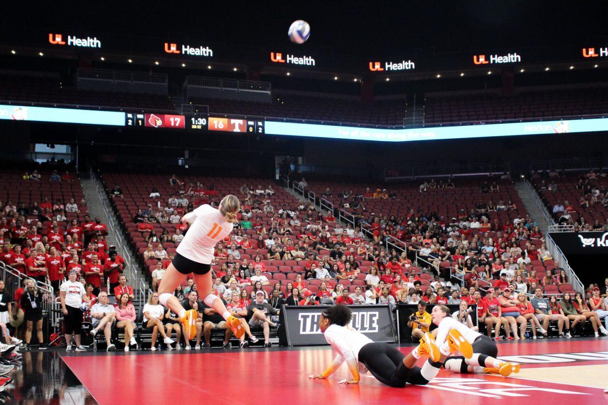 Vols race for the ball during a match against Louisville at the KFC Yum! Center. Sunday, Sept. 1, 2024.