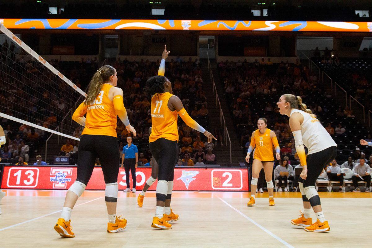 Vols cheer after winning a point during a game against LIU at Food City Center. Friday, Sept. 6, 2024.