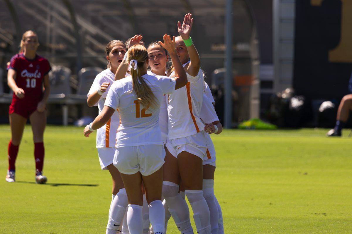 The Lady Vols celebrate after scoring against FAU at Regal Soccer Stadium. Sunday, Sept. 8, 2024