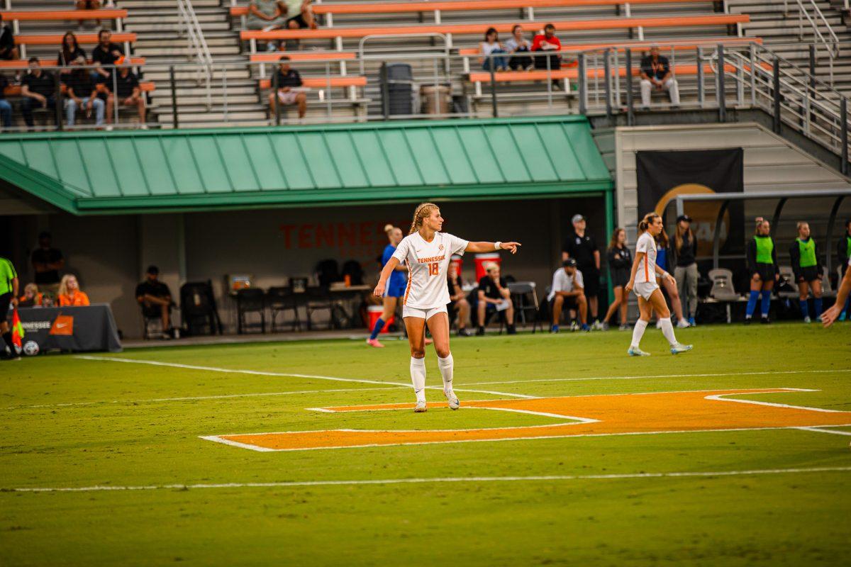 Ally Brown (18) directing a play during a match against Memphis at Regal Soccer Stadium. Thursday, Sept. 12, 2024.