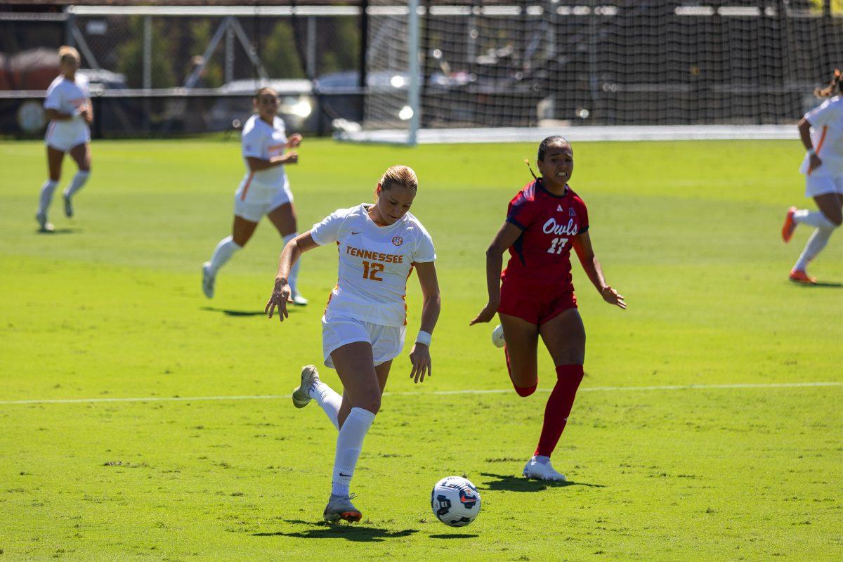 Reece Mattern (12) speeds past an FAU defender on her way to goal at Regal Soccer Stadium. Sunday, Sept. 8, 2024.