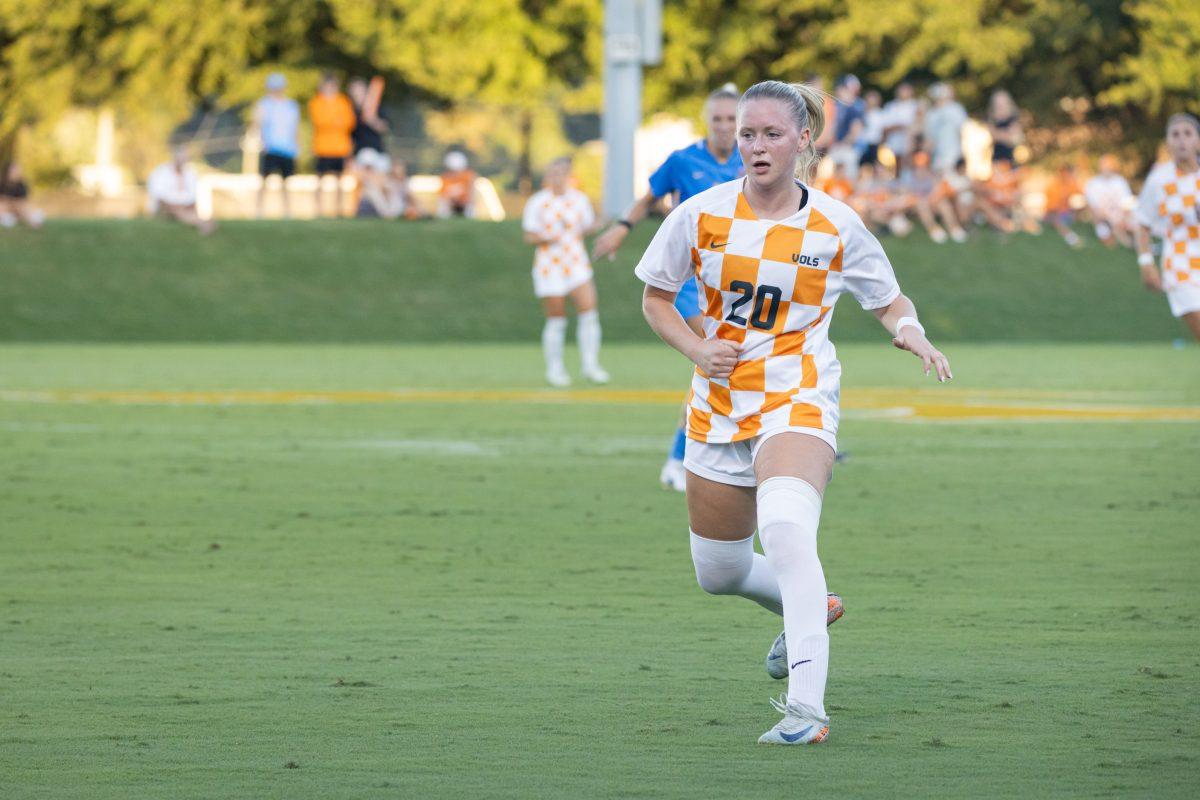 Mac Midgley (20) eyes the ball during a match against UCLA at Regal Soccer Stadium. Thursday, Sept. 5, 2024.