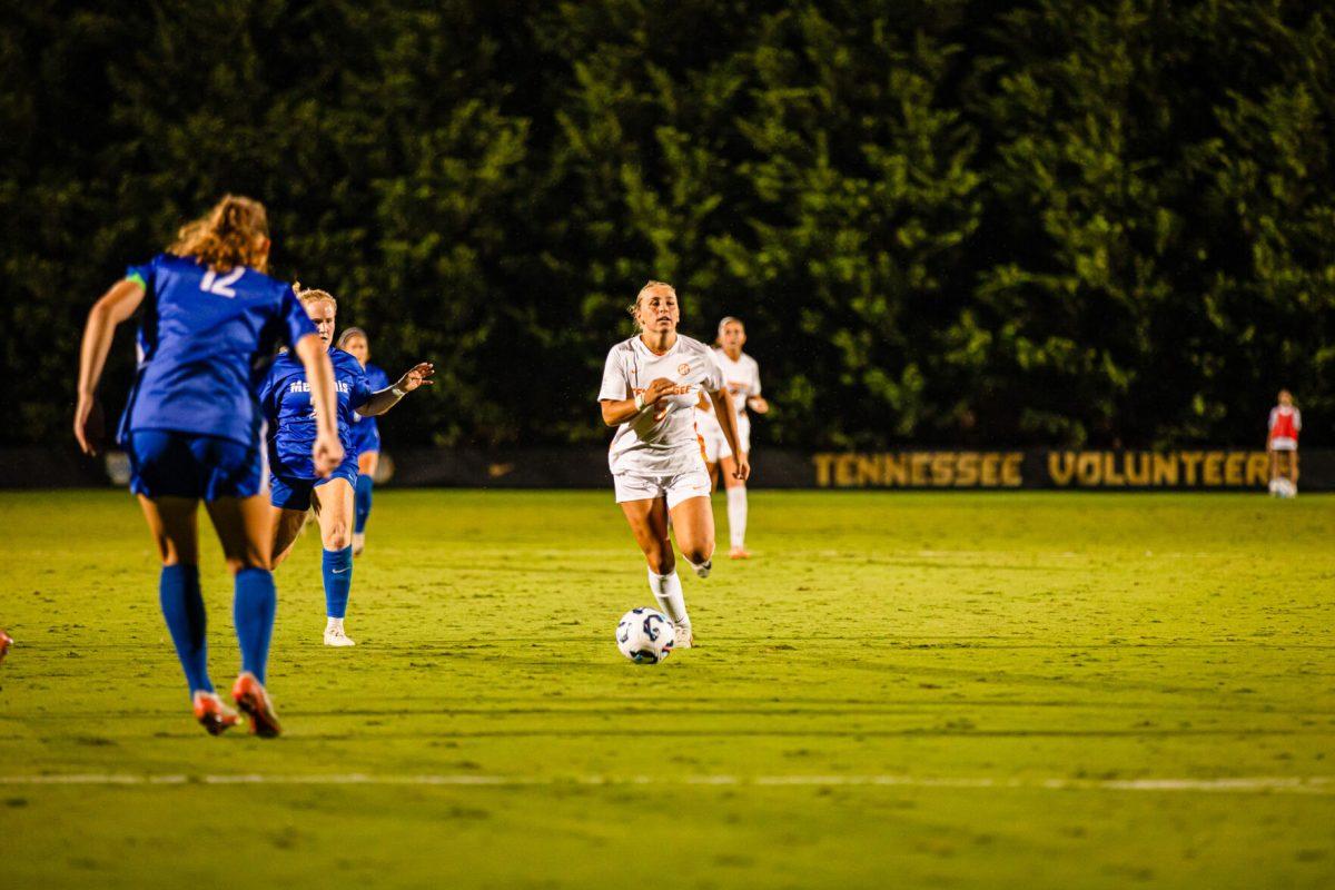Jenna Stayart (5) leading the attack during a match against Memphis at Regal Soccer Stadium. Thursday, Sept. 12, 2024.