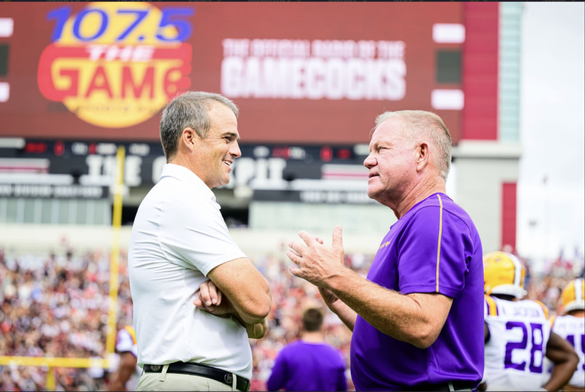 Shane Beamer and Brian Kelly speak ahead of the LSU-South Carolina matchup. Tuesday, Sept. 17, 2024.