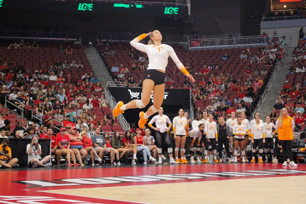 Nina Cajic (1) serves during a match against Louisville at the KFC Yum! Center. Sunday, Sept. 1, 2024.