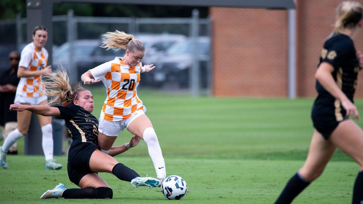 Mac Midgley (20) gets the upper hand in a chase for the ball against Vanderbilt at Regal Soccer Stadium. Sunday, Sept. 29, 2024.
