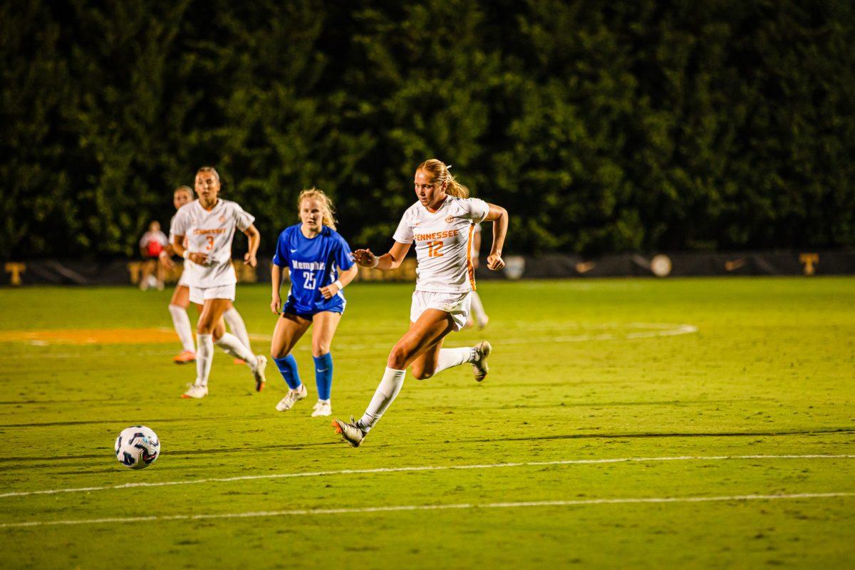 Reese Mattern (12) closing in on the ball during a match against Memphis at Regal Soccer Stadium. Thursday, Sept. 12, 2024.
