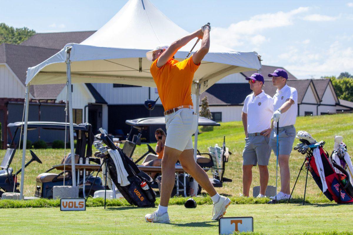 Josh Hill tees off during the Visit Knoxville Collegiate tournament at Tennessee National Golf Course. Sunday, Sept. 8, 2024.