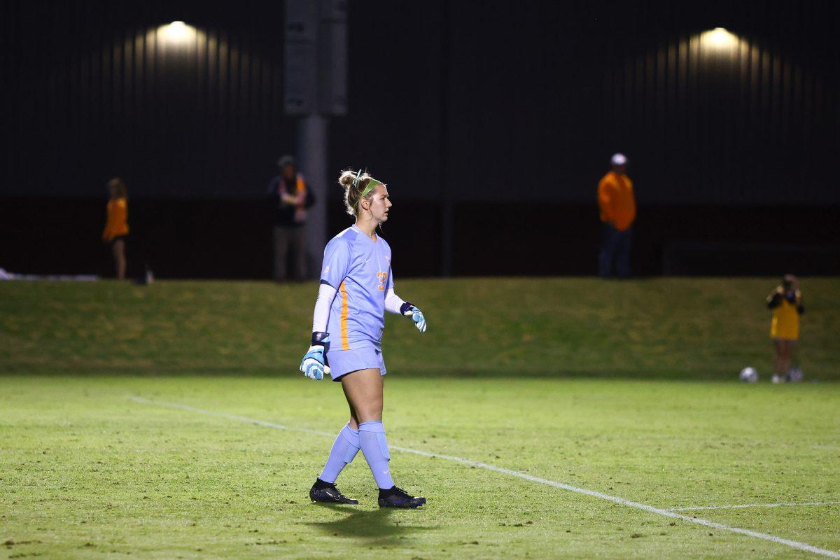 Goalkeeper Ally Zazzara (32) leads her team against South Carolina at Regal Soccer Stadium. Thursday, Oct. 24, 2024.