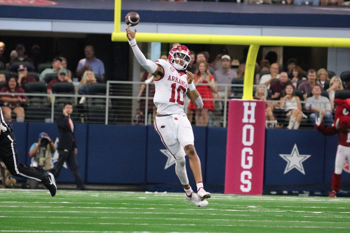 Taylen Green (10) throws the ball against Texas A&amp;M at AT&amp;T Stadium. Saturday, Sept. 28, 2024.