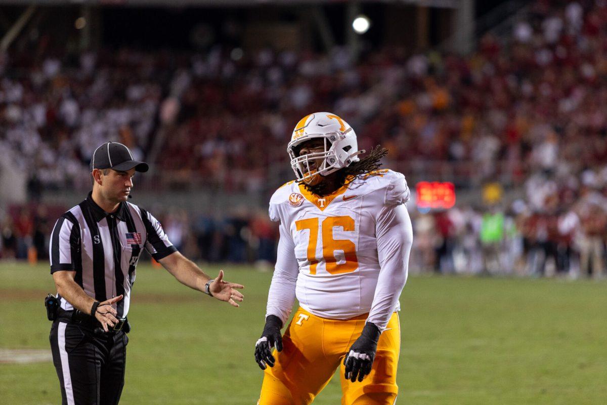 Javontez Spraggins (76) celebrates  during a game against Arkansas at Donald W. Reynolds Razorback Stadium. Saturday, Oct. 5, 2024. 