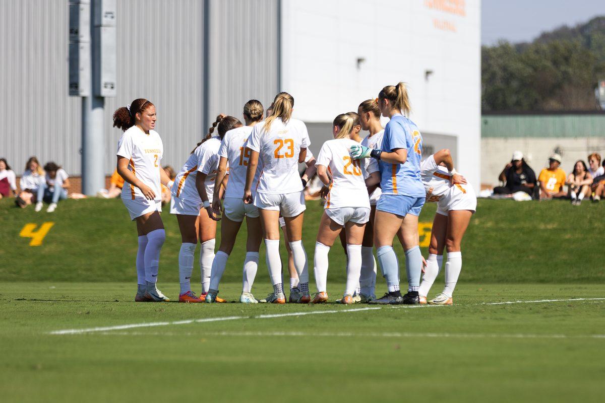 The Lady Vols gather to talk strategy before kick-off against Auburn at Regal Soccer Stadium. Sunday, Oct. 13, 2024.