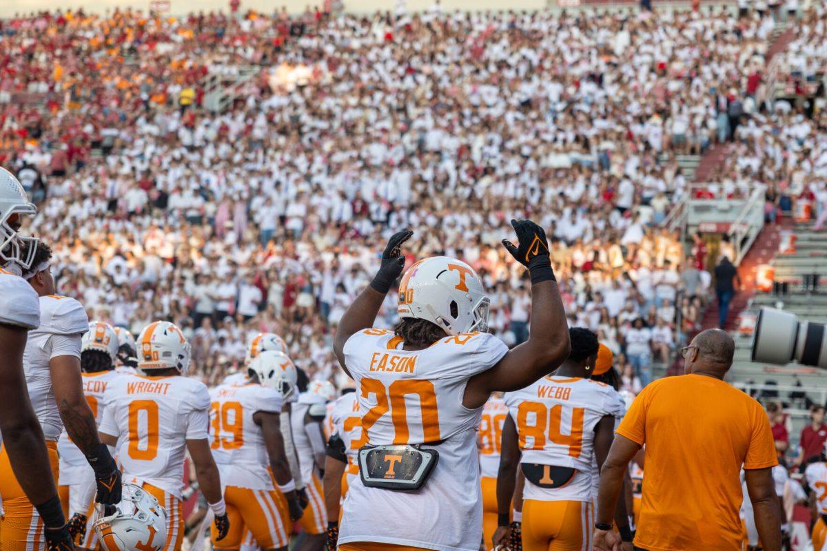 Bryson Eason (20) hypes up the crowd before a game against Arkansas at Donald W. Reynolds Razorback Stadium. Saturday, Oct. 5, 2024. 