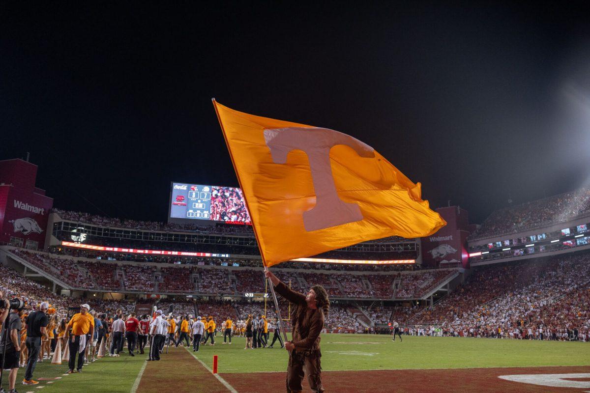 Davy Crockett celebrates a Tennessee touchdown during a game against Arkansas at Donald W. Reynolds Razorback Stadium. Saturday, Oct. 5, 2024. 