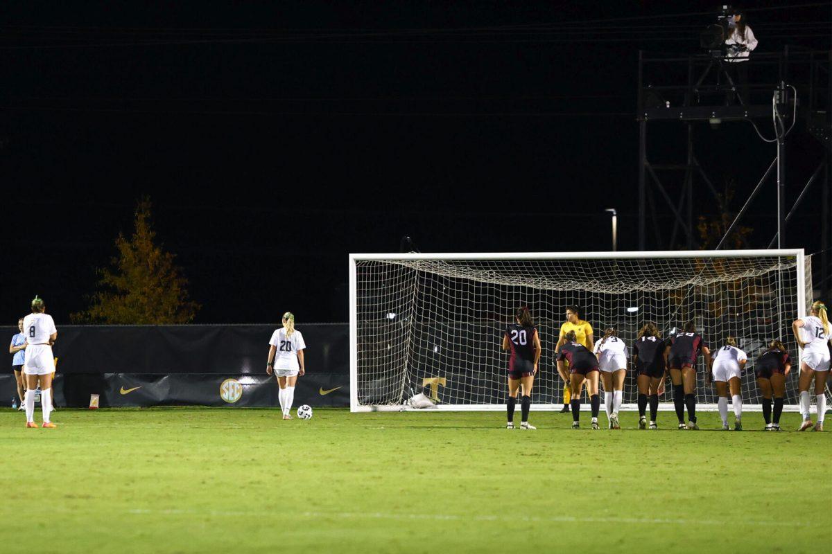 Mac Midgley (20) prepares to deliver the game-tying penalty kick against South Carolina at Regal Soccer Stadium. Thursday, Oct. 24, 2024.