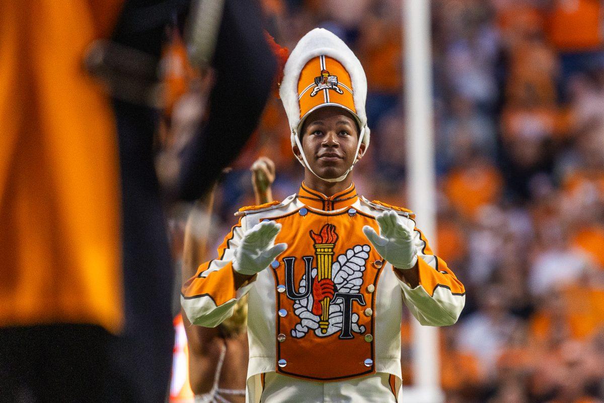 Drum major Christian Carroll leads the band during a game against Kent State at Neyland Stadium. Saturday, Sept. 14, 2024.