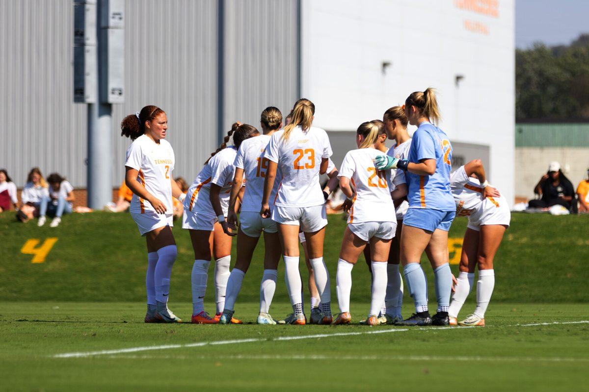 The Lady Vols gather to talk strategy before kick-off against Aubburn at Regal Soccer Stadium. Sunday, Oct. 13, 2024.