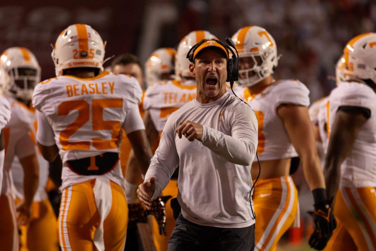 Mike Ekeler gets fired up during a game against Arkansas at Donald W. Reynolds Razorback Stadium. Saturday, Oct. 5, 2024. 